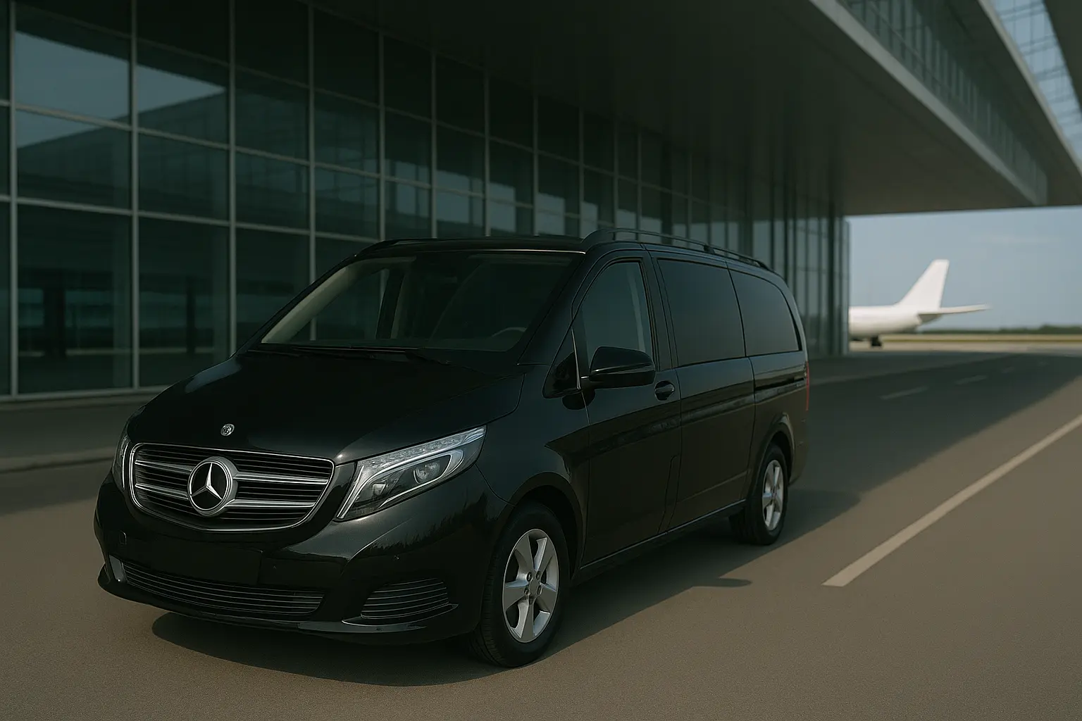 Black Mercedes-Benz V-Class van parked outside a modern airport terminal with an airplane in the background — representing premium airport transfer services.