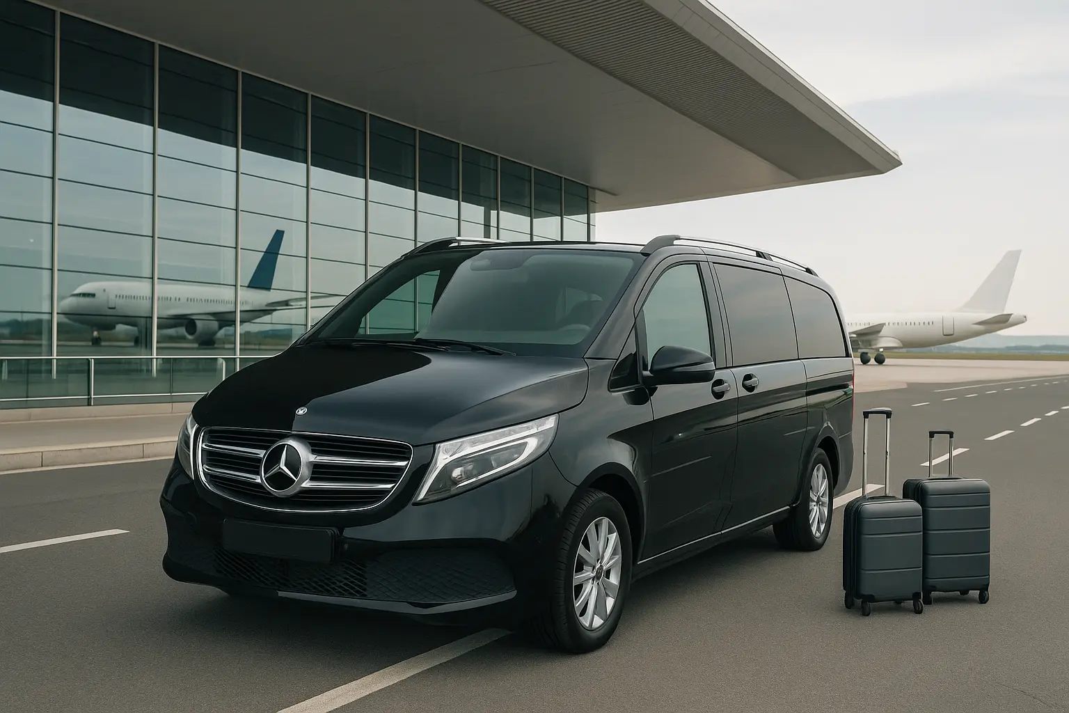 Black Mercedes-Benz V-Class van parked outside a modern airport terminal with an airplane in the background — representing premium airport transfer services.