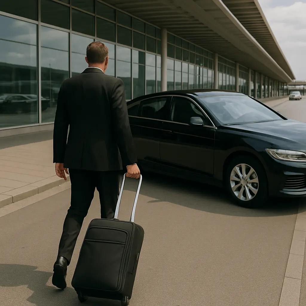 A chauffeur carrying bag to the sedan at the aiport