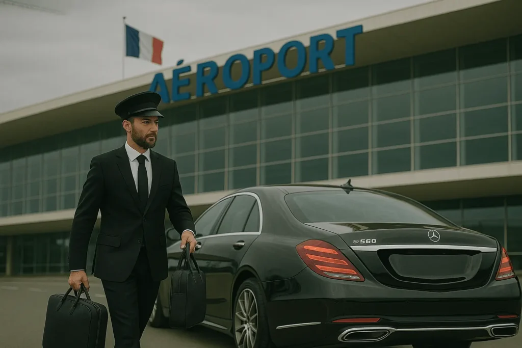 A picture of a chauffeur picking bags from France airport