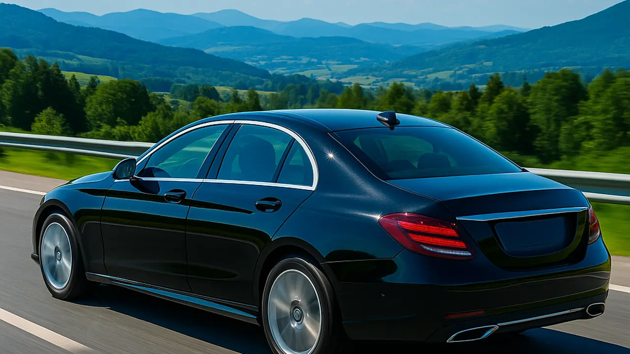 Luxury black sedan driving along a scenic highway with mountains in the background, representing premium intercity transfer service in Switzerland.