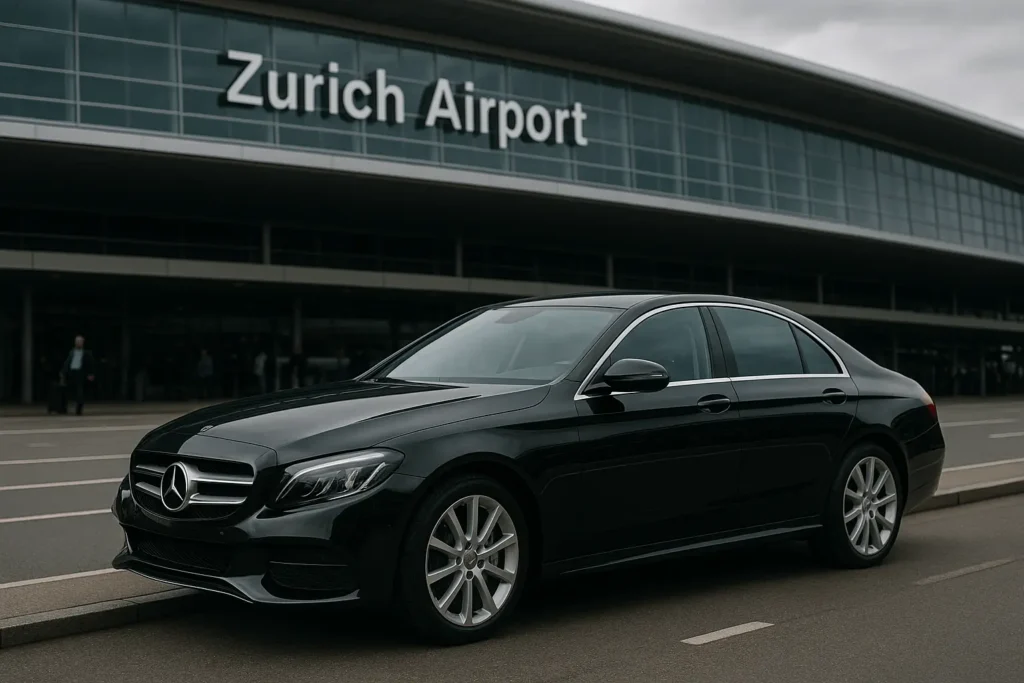 Black luxury Mercedes-Benz sedan parked outside Zurich Airport terminal, ready for chauffeur pickup service on a cloudy day.